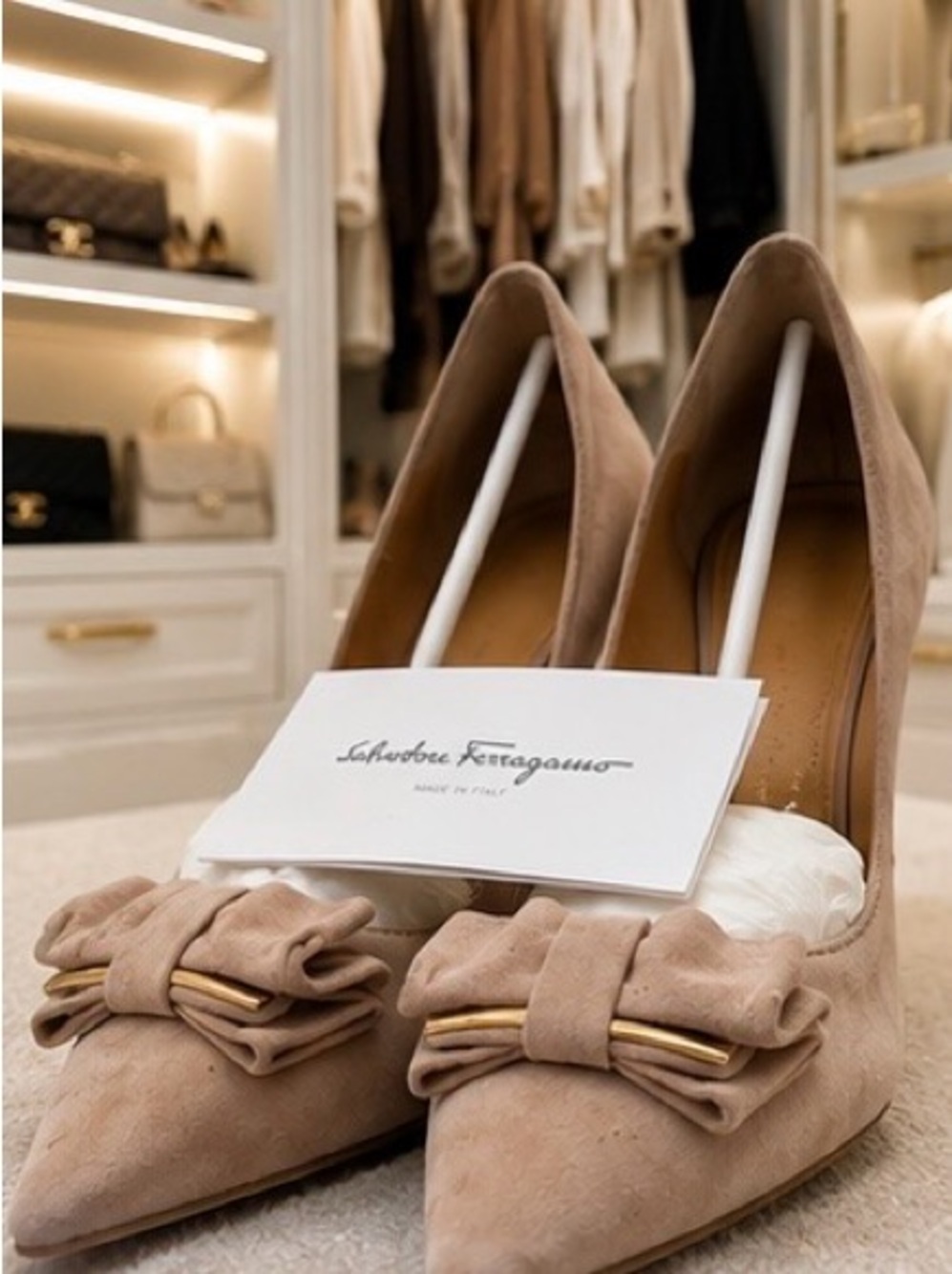 Salvatore Ferragamo Blush Suede Pointed-Toe Pumps with Bow